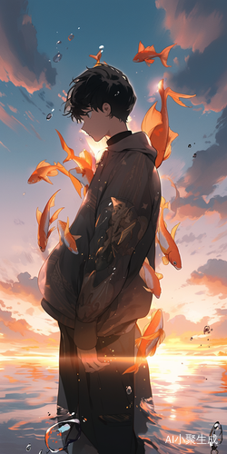 黑发男孩欲拥抱，夕阳染天海鱼肚色
