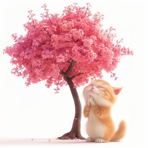 A cute chubby fluffy kitten with the style of Pixar,standing.praying besides a pink tree.white background to highlight it.3D rendering,C4D,The style is high definition photography,studio lighting