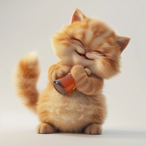 A cute chubby fluffy kitten with the style of Pixar,drunk,holding a bottle in its arms.funny expression,,white background to highlight it.