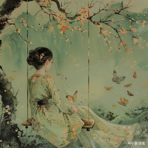 杏花树下的秋千上的少女