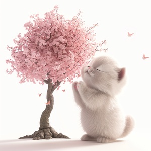 A cute chubby fluffy kitten with the style of Pixar,standing.praying besides a pink tree.white background to highlight it.3D rendering,C4D,The style is high definition photography,studio lighting