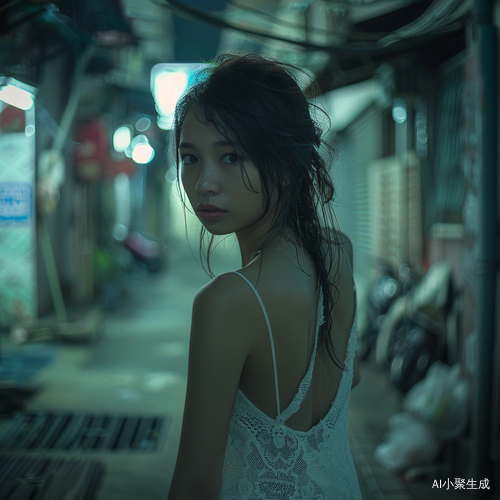深夜城市中的凄凉女孩