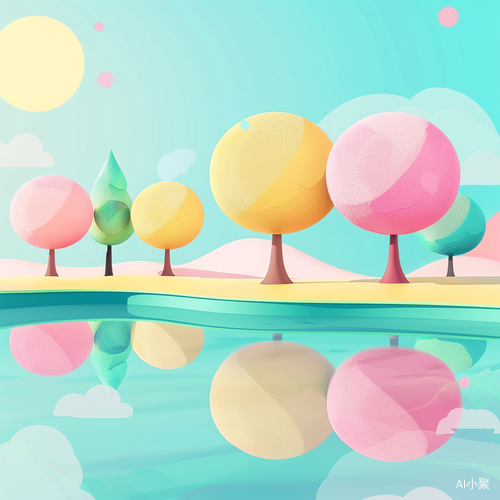 Vibrant, Cartoonish Spring Illustration of Furry Trees and Green Landscape