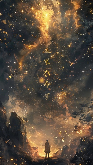 A huge gilded brush takes up 50% of the space of the picture , floating Chinese characters , golden tones , a tiny mysterious figure standing on the scroll , the stars are brilliant , dazzling light and shadow , ultra - fine details , memorial murals , Meticulous brushwork style