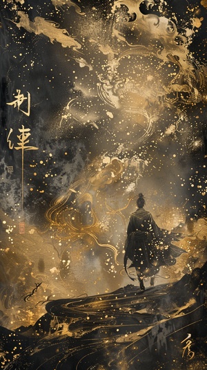 A huge gilded brush takes up 50% of the space of the picture , floating Chinese characters , golden tones , a tiny mysterious figure standing on the scroll , the stars are brilliant , dazzling light and shadow , ultra - fine details , memorial murals , Meticulous brushwork style