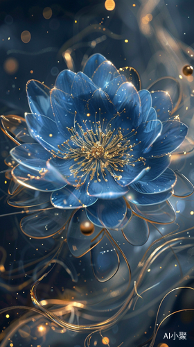 Ethereal Blue Flower with Gold Accents and Fantasy-Inspired Character Design