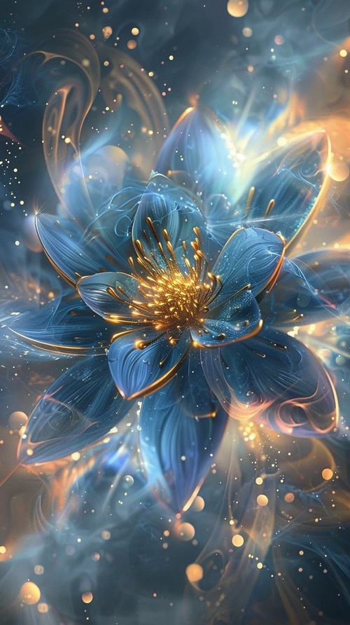 A blue flower with gold accents, surrounded by swirling mist and shimmering light effects. In the style of ethereal photorealistic, luminous reflections with digital art techniques and translucent watercolor washes. Detailed character design in a fantasy-inspired style. ar 103:128