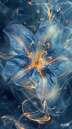 Ethereal Blue Flower with Gold Accents and Fantasy-Inspired Character Design