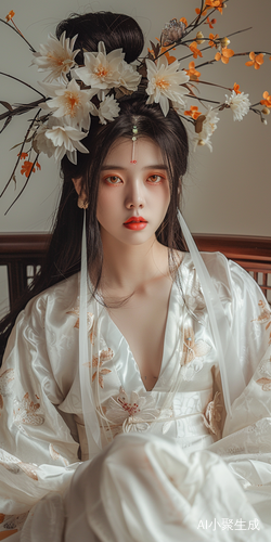美丽女人穿白汉服，头插花，现实主义中国美学风格照片