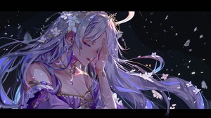 masterpiece,best quality,highly detailed,wallpaper,colorful,halo,hair_ornament,earrings,elbow_gloves,robe,princess athena,goat girl,crying aqua (meme),barefoot,very long hair,gradient hair,wavy hair,hand on own face,butterfly sitting,black background,genshin impact,food art,nekomusume,1girl