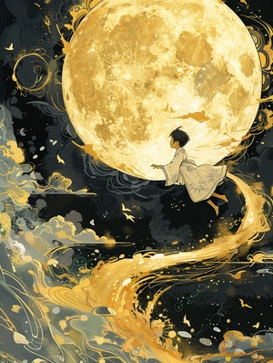 月神的人Prompt：A whimsical illustration of the moon, bathed in golden light and surrounded by swirling patterns. A white boy in a Chinese dress levitates in the air,The background is an enchanted forest with mystical creatures flying around it. A river flows under the full moon sky, reflecting its glow on the water's surface. In the style of Hayao Miyazaki. ar 3:4一个小红书博主给的灵感，用的他的咒语做了些改动。生成大约10组图，就用了一张垫图，后续全靠一致性生成。#灵性成长 #每日艺术分享 #灵感 #ai绘画 #midjourney关键词 #midjourney咒语#壁纸