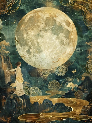 独坐静亭观湖景Prompt：A whimsical illustration of the moon, bathed in golden light and surrounded by swirling patterns. A white boy in a Chinese dress levitates in the air,The background is an enchanted forest with mystical creatures flying around it. A river flows under the full moon sky, reflecting its glow on the water's surface. In the style of Hayao Miyazaki. ar 59：128可以用我第一张图去垫图，目前风格是统一的，后三张用的是第一张的参考。#ai绘画 #midjourney关键词 #midjourney咒语 #每日艺术分享 #壁纸 #每日壁纸推荐 #风景