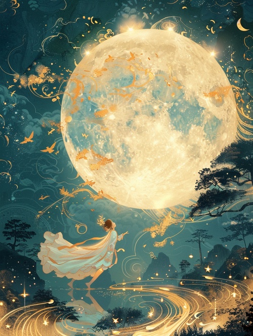 独坐静亭观湖景Prompt：A whimsical illustration of the moon, bathed in golden light and surrounded by swirling patterns. A white boy in a Chinese dress levitates in the air,The background is an enchanted forest with mystical creatures flying around it. A river flows under the full moon sky, reflecting its glow on the water's surface. In the style of Hayao Miyazaki. ar 59：128可以用我第一张图去垫图，目前风格是统一的，后三张用的是第一张的参考。#ai绘画 #midjourney关键词 #midjourney咒语 #每日艺术分享 #壁纸 #每日壁纸推荐 #风景