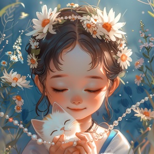 森系女孩和猫咒语：A cute alittle girl, asian, five years old, with a round face, pure face, pearl headband, front view, holding a white kitten, flowers, surrealistic style, bright colors, illustrations, high-quality, 8k ar 3:4 niji 6#壁纸 #AIGC插画 #midjourney #可爱女孩 #治愈系插画 #森系少女 #猫咪日常 #春天的味道 #我的萌宠 #头像插画