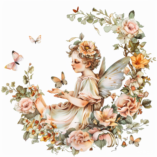 欧式复古天使与花卉蝴蝶插画主题