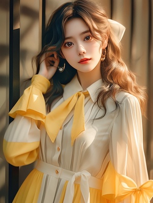 Cute retro yellow and white color matching long-sleeved shirt dress with button detail, A-line skirt style for women's with bow tie collar, small satchel bag in hand, in the photo studio, professional photography, high quality in the style of professional photographers.