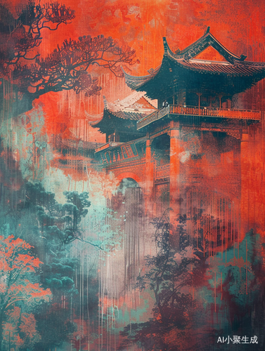 古代建筑中的红色艺术风景描绘