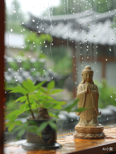 绵细雨 湿漉大地 雨后花香，窗户间菩萨