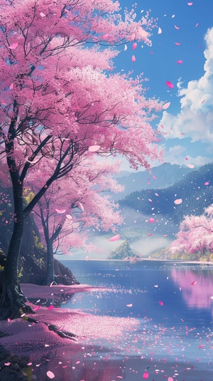 Miyazaki Hayao animation style, ten miles of cherry blossoms in full bloom, fantasy, sparkling