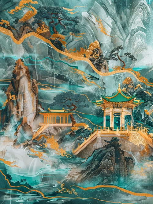 chinese fantasy landscape, kintsugi, golden - blue - green mountain with pavilions and trees , gilding , flowing liquid gold, made of Jade, gold, amazonite, labradorite, turquenite, malachite and zoisite mineral marble texture, wallpaper chaos 10 ar 2:3 stylize 250 v 6.0 style raw #人工智能艺术 #我和AI有话说 #生成艺术 #AI生成 #文创设计 #文创 #灵感设计 #灵感 #每日艺术分享 #设计 #mj关键词 #midjourney #midjourney关键词 #midjourney学习 #ai绘画 #ai中国奇幻风景，金 - 蓝色 - 绿色的山与亭台楼阁和树木，镀金，流动的液态黄金，由玉石，黄金，天河石，拉长石，土耳其石，孔雀石和黝帘石矿物大理石纹理制成，墙纸 混沌 10 AR 2：3 风格化 250 V 6.0 风格原始 