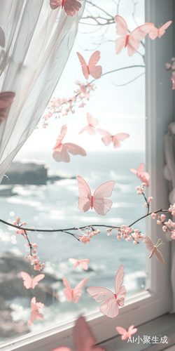 Dreamy Beach Scene with Pink Butterflies and Sunset