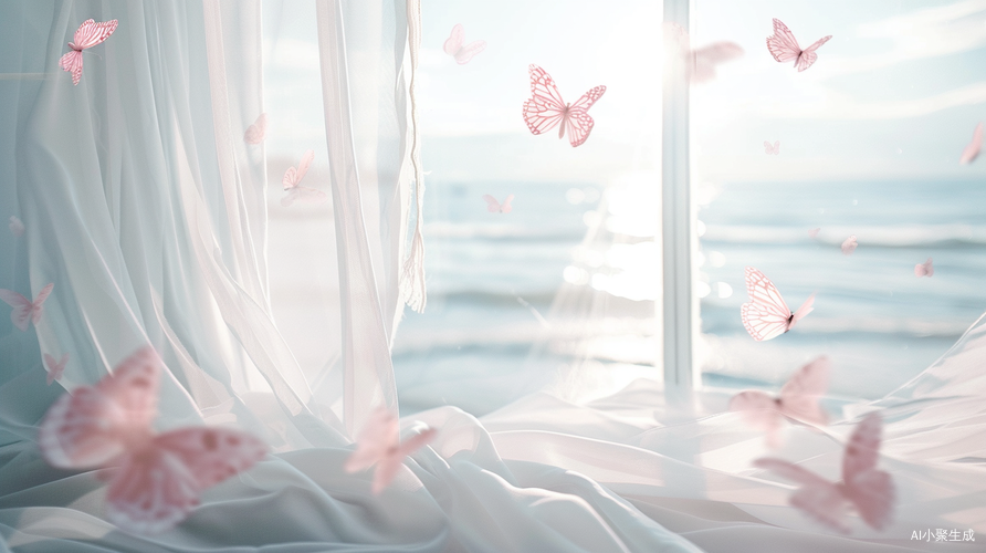 Dreamy Beach Scene with Pink Butterflies and Sunset