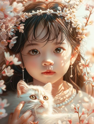 森系女孩和猫咒语：A cute alittle girl, asian, five years old, with a round face, pure face, pearl headband, front view, holding a white kitten, flowers, surrealistic style, bright colors, illustrations, high-quality, 8k ar 3:4 niji 6#壁纸 #AIGC插画 #midjourney #可爱女孩 #治愈系插画 #森系少女 #猫咪日常 #春天的味道 #我的萌宠 #头像插画