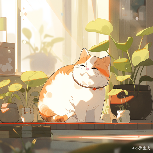 可爱胖胖的白橙毛茸茸小猫的春日室内写真
