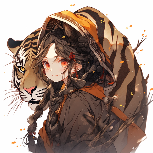 黑发少女，铜钱辫子，琥珀眸，虎牙少女