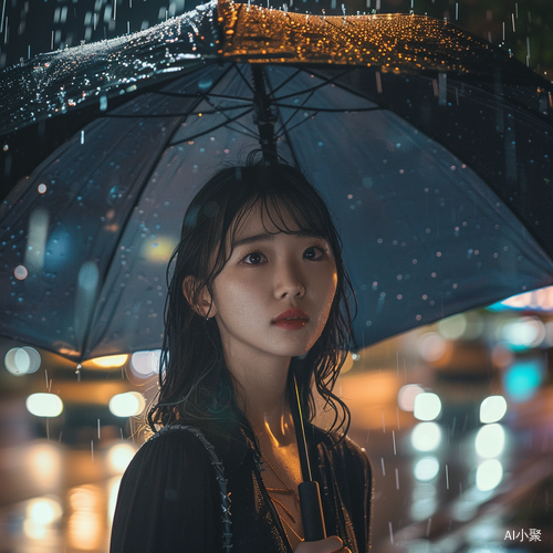 Young Asian Woman with Umbrella in Intermittent Rain