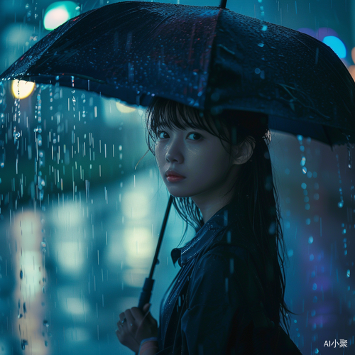 Young Asian Woman with Umbrella in Intermittent Rain