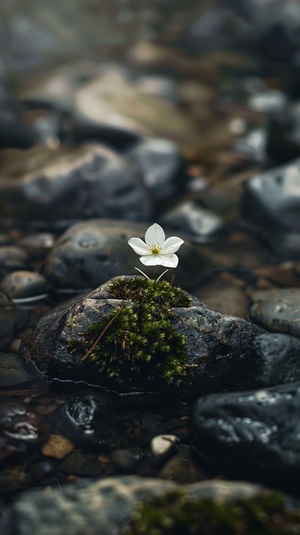 A small white flower growing between two rocks in the mossy riverbed, fantasy, magical, dreamlike, with a soft focus and blurred background, dark grey pebbles and stones around it, beautiful, ethereal, surrealistic, in the style of photorealism, with an ultra high resolution, cinematic. ar 81:128