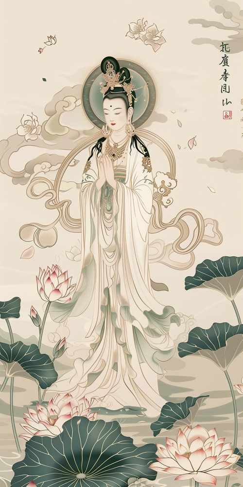 please draw inspiration from the compassion and wisdom of Avalokitesvara (Guanyin) to create a set of warm and comforting mobile wallpapers suitable for middle-aged and elderly users. Each wallpaper should prominently feature the image of Avalokitesvara, incorporating elements such as lotus flowers, flowing water, and traditional Chinese cultural backgrounds. Opt for gentle, warm color tones to evoke a sense of tranquility and peace. Ensure that the wallpapers convey messages of inspiration and blessings, a