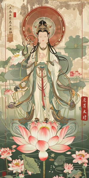 please draw inspiration from the compassion and wisdom of Avalokitesvara (Guanyin) to create a set of warm and comforting mobile wallpapers suitable for middle-aged and elderly users. Each wallpaper should prominently feature the image of Avalokitesvara, incorporating elements such as lotus flowers, flowing water, and traditional Chinese cultural backgrounds. Opt for gentle, warm color tones to evoke a sense of tranquility and peace. Ensure that the wallpapers convey messages of inspiration and blessings, a