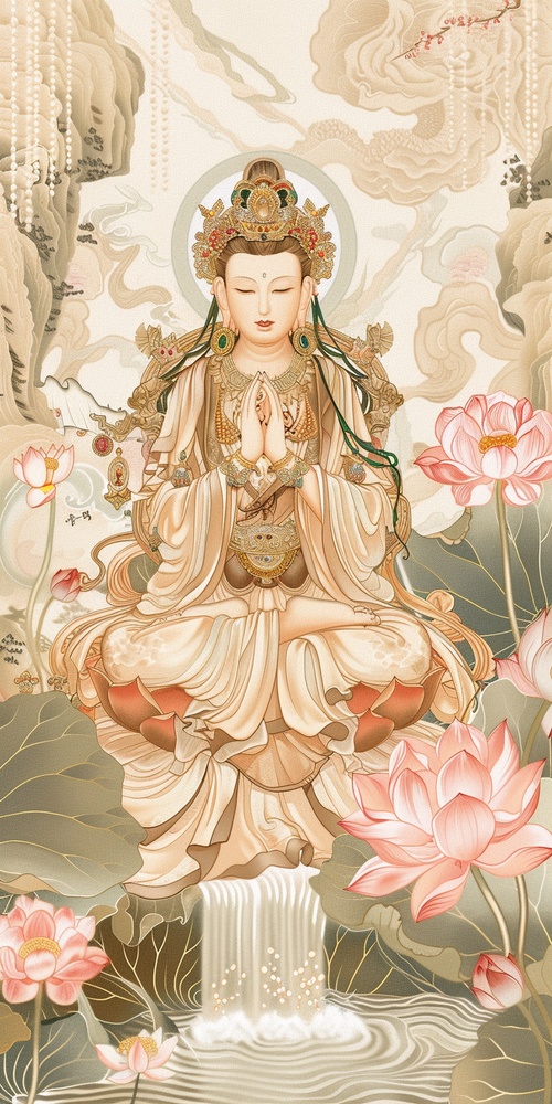 please draw inspiration from the compassion and wisdom of Avalokitesvara (Guanyin) to create a set of warm and comforting mobile wallpapers suitable for middle-aged and elderly users. Each wallpaper should prominently feature the image of Avalokitesvara, incorporating elements such as lotus flowers, flowing water, and traditional Chinese cultural backgrounds. Opt for gentle, warm color tones to evoke a sense of tranquility and peace. Ensure that the wallpapers convey messages of inspiration and blessings, a