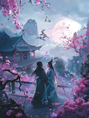 浪漫国风中国风的浪漫：During the day, A couple enjoys flowers in a Chinese courtyard, which is wrapped in huge roses, exaggerated,ancient Chinese,with a big moon in the background, magpies playing around, mountains, lakes, willows, white, pink,dreamlike scene,master works,i can't believe how beautiful this is niji 6 ar 3:4#光才是一切氛围感的源头 #国风插画 #过年怎么少得了电子榨菜 #AI插画 #灵感 #midjourney #midjourney关键词 #midjourney咒语 #midjourney练习 #国风大赏 #Ai绘画 #浪漫生活的记录者 #艺术 @艺术薯