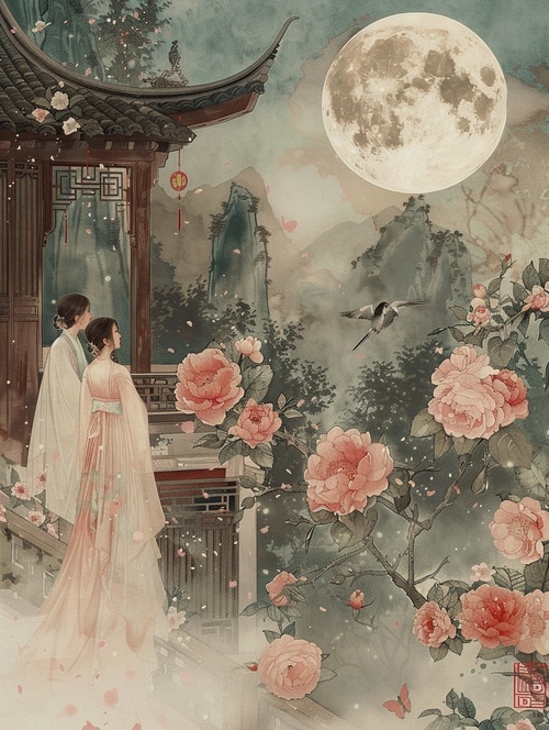 浪漫国风中国风的浪漫：During the day, A couple enjoys flowers in a Chinese courtyard, which is wrapped in huge roses, exaggerated,ancient Chinese,with a big moon in the background, magpies playing around, mountains, lakes, willows, white, pink,dreamlike scene,master works,i can't believe how beautiful this is niji 6 ar 3:4#光才是一切氛围感的源头 #国风插画 #过年怎么少得了电子榨菜 #AI插画 #灵感 #midjourney #midjourney关键词 #midjourney咒语 #midjourney练习 #国风大赏 #Ai绘画 #浪漫生活的记录者 #艺术 @艺术薯