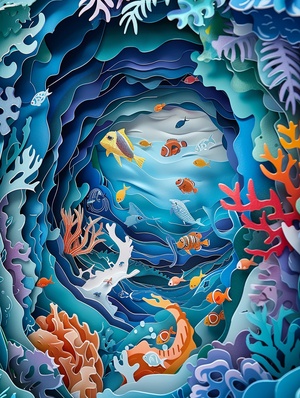 3D剪纸系列3d papercuts A wonderful underwater world, where various marine creatures live, in the style of surrealistic cartoons, detailed shading, realistic landscapes with soft, tonal colors, swirling vortexes traditional, vibrant ar 3:4 style raw#AI绘画有点东西 #纸雕 #图案纹样设计 #图形 #图形设计 #艺术作品 #艺术欣赏 #文创设计 #创意 #艺术 #灵感 #midjourney #midjourney关键词 #midjourney学习 #midjourney咒语 #midjourney练习 #儿童绘本推荐 #绘本 #幼儿绘本 #艺术欣赏