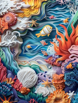 3D剪纸系列3d papercuts A wonderful underwater world, where various marine creatures live, in the style of surrealistic cartoons, detailed shading, realistic landscapes with soft, tonal colors, swirling vortexes traditional, vibrant ar 3:4 style raw#AI绘画有点东西 #纸雕 #图案纹样设计 #图形 #图形设计 #艺术作品 #艺术欣赏 #文创设计 #创意 #艺术 #灵感 #midjourney #midjourney关键词 #midjourney学习 #midjourney咒语 #midjourney练习 #儿童绘本推荐 #绘本 #幼儿绘本 #艺术欣赏