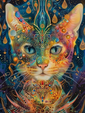 奇幻小猫a meticulously crafted portrayal of a fantasy cat adorned in vibrant Lemon Green, Cherry Red, and Sky Blue hues. Quantum dots dance across its fur, mirroring energy levels through swirling cosmic gold patterns. The composition includes elements like pearly dewdrops, refraction diffraction, ferrofluid dynamics, asymmetrical polyhedra toys, ornate line tracings, and intricate details reminiscent of akashic records. The visual experience is enhanced by the use of octane render, culminating in a mesmerizing