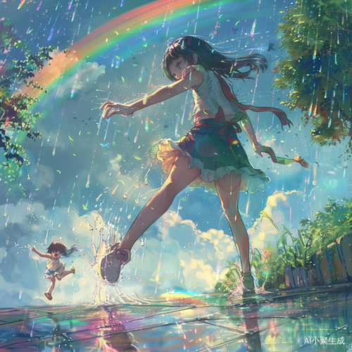 下雨中的女生与小猫的欢乐时刻