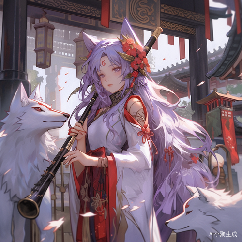古风女孩手拿玉笛，紫色长发与眼睛，红色建筑与白色狐狸