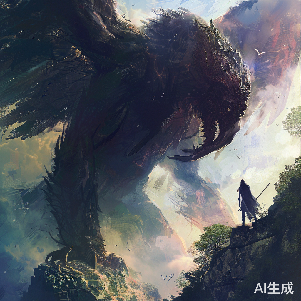 黑翼巨兽俯视人类，人持剑不畏惧