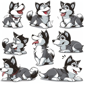 the various expressions of the dog, multiple pose and expressions , as an illustration set , with bold comic lines , cute style , dynamic pose , light background , f 64 group , related Personality , Vector graphics s 250 style cute niji 5