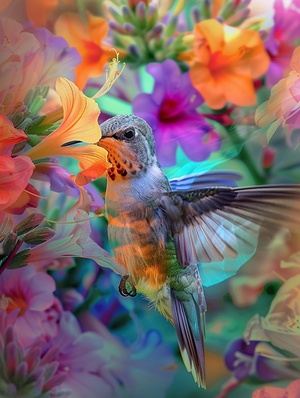 A Captivating Sight: A Bird with Transparent Wings in a Burst of Colors