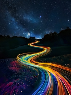 虹流：In a dark, nighttime landscape, a winding path stretches towards the horizon. Brightly colored lines flow along the path, hypnotic optical effect. In the starry sky, lost in thought, imbued with a sense of melancholy and reflection, artistic and mysterious atmosphere. adds a touch of fantasy to this surreal image ar 3:4 v 6.0#我和AI有画说 #数字艺术 #灵感笔记 #创作灵感 #AIGC #AI插画 #midjourney #视觉艺术 #壁纸 #不会过期的美好 #小红薯给流量 #小红书助手 #小红书创作学院#搞的就是艺术