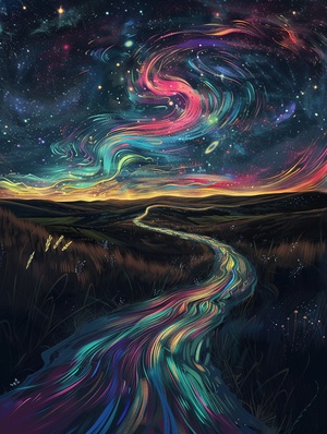 虹流：In a dark, nighttime landscape, a winding path stretches towards the horizon. Brightly colored lines flow along the path, hypnotic optical effect. In the starry sky, lost in thought, imbued with a sense of melancholy and reflection, artistic and mysterious atmosphere. adds a touch of fantasy to this surreal image ar 3:4 v 6.0#我和AI有画说 #数字艺术 #灵感笔记 #创作灵感 #AIGC #AI插画 #midjourney #视觉艺术 #壁纸 #不会过期的美好 #小红薯给流量 #小红书助手 #小红书创作学院#搞的就是艺术