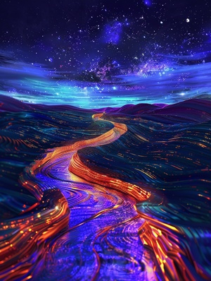 虹流：In a dark, nighttime landscape, a winding path stretches towards the horizon. Brightly colored lines flow along the path, hypnotic optical effect. In the starry sky, lost in thought, imbued with a sense of melancholy and reflection, artistic and mysterious atmosphere. adds a touch of fantasy to this surreal image ar 3:4 v 6.0#我和AI有画说 #数字艺术 #灵感笔记 #创作灵感 #AIGC #AI插画 #midjourney #视觉艺术 #壁纸 #不会过期的美好 #小红薯给流量 #小红书助手 #小红书创作学院#搞的就是艺术