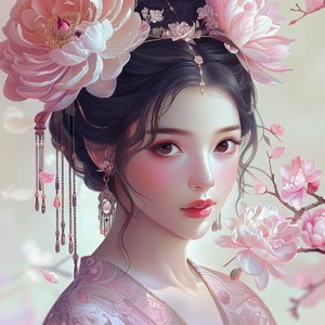 牡丹，唐仕女千娇万态破朝霞，任是无情也动人。：A ancient Chinese beauty , pure face, shining big eyes，wearing pink peony flowers on the head，oval face , Tang Dynasty style, exquisite headdress, close-up,face shot,minimalism portrait, with simple lines, the colours of pink and white ,8k, UHD, high resolution, chinese gongbi painting style ，chinese traditional painting style, in a flat painting style ar 3:4 niji 6#ai #壁纸 #AIGC插画 #midjourney #牡丹 #Ai绘画 #视觉艺术 #midjourney关键词