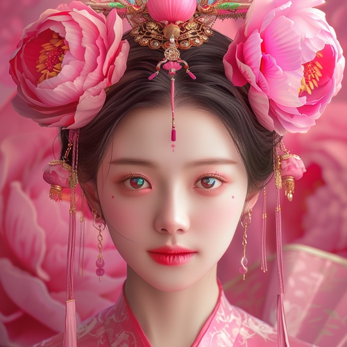 牡丹，唐仕女千娇万态破朝霞，任是无情也动人。：A ancient Chinese beauty , pure face, shining big eyes，wearing pink peony flowers on the head，oval face , Tang Dynasty style, exquisite headdress, close-up,face shot,minimalism portrait, with simple lines, the colours of pink and white ,8k, UHD, high resolution, chinese gongbi painting style ，chinese traditional painting style, in a flat painting style ar 3:4 niji 6#ai #壁纸 #AIGC插画 #midjourney #牡丹 #Ai绘画 #视觉艺术 #midjourney关键词